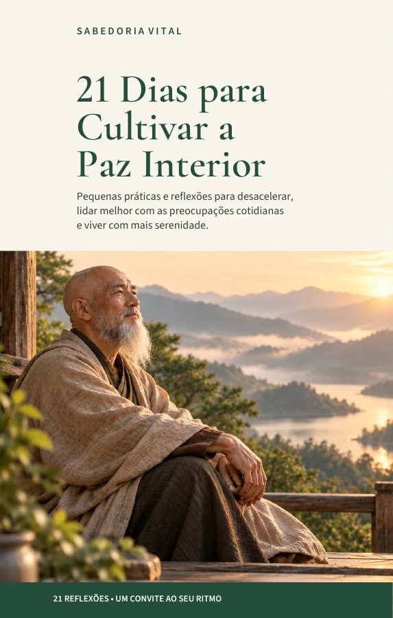 Capa de 21 Dias para Cultivar a Paz Interior, com monge idoso fictício gerado por IA diante de uma paisagem serena.